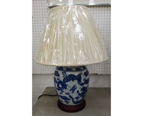 TABLE LAMPS, a pair, 55cm H x 35cm D, Chinese export style blue and white ceramic, with shades. (2) 