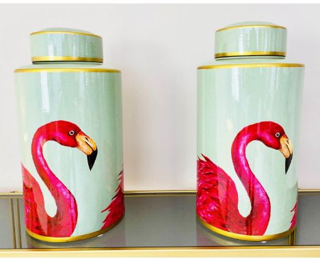 GINGER JARS, a pair, 40cm H x 20cm diam., glazed ceramic with flamingo print. (2) 