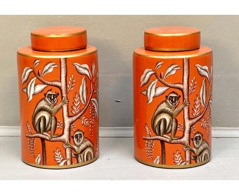 GINGER JARS, a pair, 25cm H x 14cm D, glazed ceramic, 1970s inspired monkey print design. (2) 