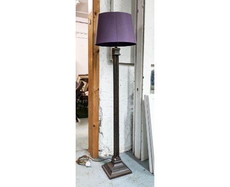 LARGE FOUR COLUMN STANDING LAMP, gilt and black finish with purple silk shade, 155cm H. 