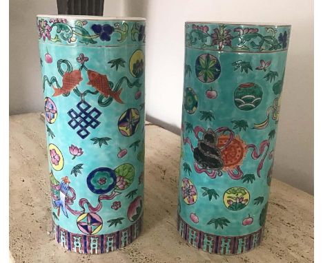BRUSH POTS, a pair, Chinese blue ground ceramic, cylindrical with chinoiserie decoration, 30cm H. (2) 