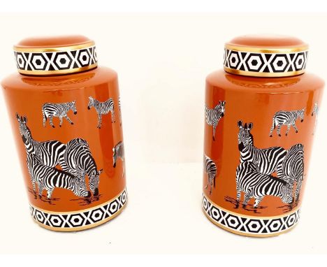 GINGER JARS, a pair, 30cm H x 17cm D, diameter, glazed ceramic with zebra print design. (2) 
