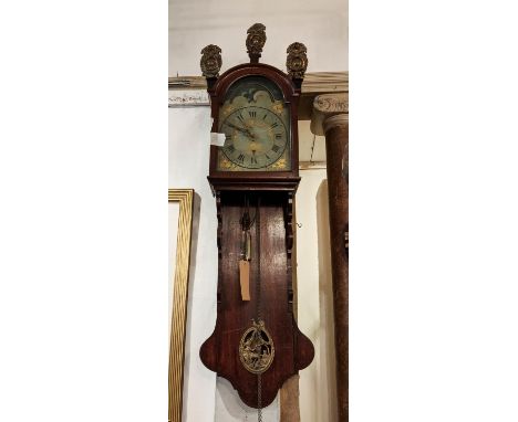DUTCH FRISIAN STAART WALL CLOCK, 19th century, with hand painted moon calendar face and pressed brass mounts, 140cm H. 