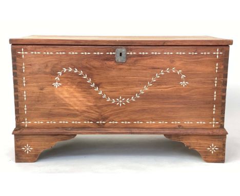 CEYLONESE TRUNK, 56cm H x 99cm W x 49cm D, Indo Portuguese rosewood and bone inlaid with swag front and rising lid. 
