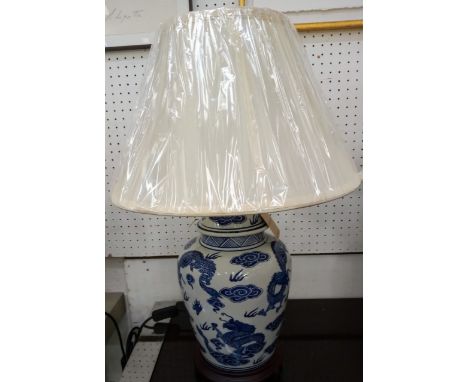 TABLE LAMPS, a pair, 62cm H, Chinese export style blue and white ceramic, with shades. 