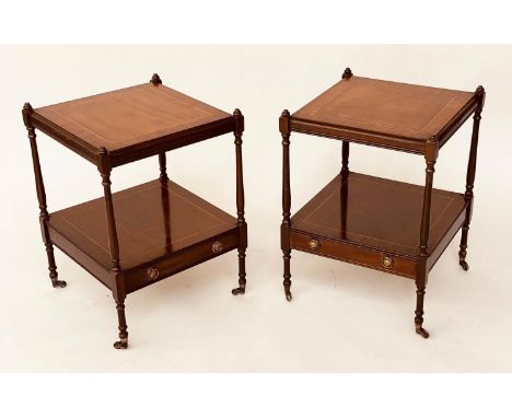 LAMP TABLES, a pair, George III design mahogany and crossbanded each with undertier drawer, 44cm x 44cm x 62cm. (2) 