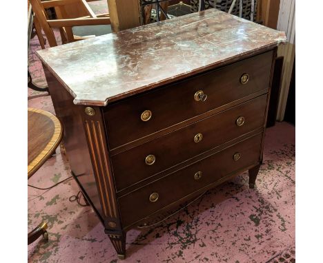 COMMODE, 91cm W x 84cm H x 52cm D Gustavian style mahogany with canted corner marble top above three drawers. 