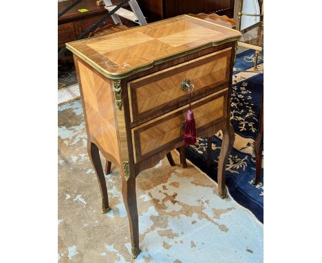 PETITE COMMODE, 52cm W x 79cm H x 33cm D early 20th century Transitional design kingwood and brass mounted with two drawers. 