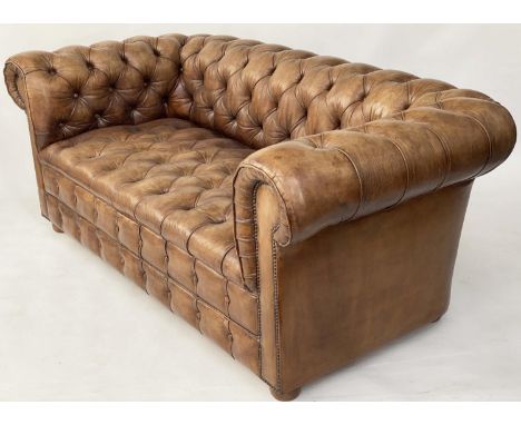 CHESTERFIELD SOFA, vintage mid tan brown leather with deep button upholstered back arms and seat, 185cm W. 