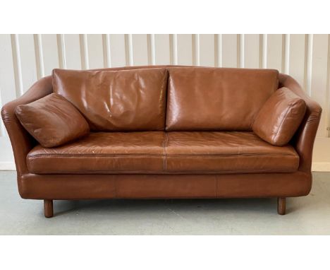 DANISH SOFA, mid 20th century soft mid brown leather upholstery with back, seat and side cushions, 184cm W. 