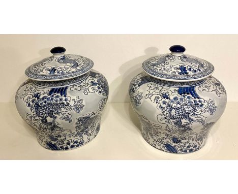 TEMPLE URNS, a pair, 35cm H, Chinese export style blue and white ceramic. (2) 
