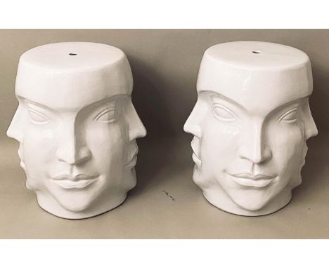 SUREALIST STYLE BARREL STOOLS, a pair, 44cm H x 38cm D, glazed ceramic. (2) 