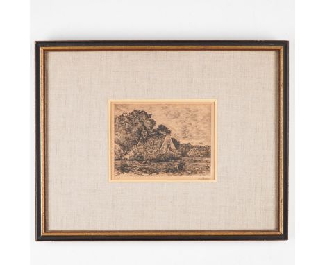 Etching on paper by Dutch painter and watercolorist Willem H. P. J. de Zwart, depicting a traditional rural Dutch scene featu