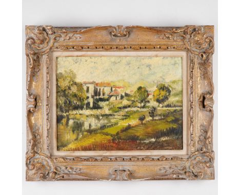 This richly textured oil on board depicts a tranquil European village by a river and fields. The composition captures a clust