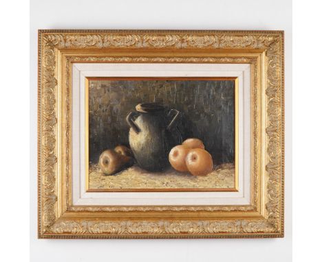 This richly textured oil on canvas depicts a rustic still life composition featuring a large, dark ceramic vessel flanked by 