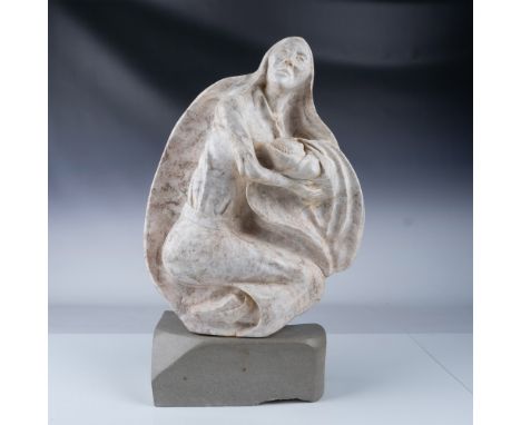 Hand carved marble sculpture titled Morning Star's Sunflower by Native American artist Sonny Crowels, featuring a sunflower d