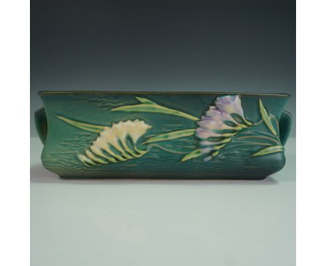 Vintage Roseville Pottery rectangular planter in the Freesia pattern, model 1392-8, featuring a vibrant green glaze with mold
