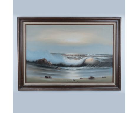 This stunning seascape is a large, original oil painting on canvas by renowned California artist R. Fisher. It beautifully ca