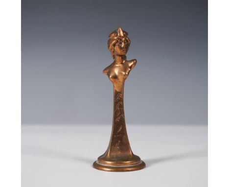 This Art Nouveau bronze wax seal stamp features an elegant sculptural form with a stylized female bust adorned with a decorat