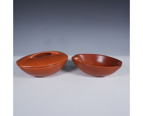 Elegant mid-century modern casserole set by Roseville Pottery for the Raymor line, featuring two sleek, oval-bodied forms in 