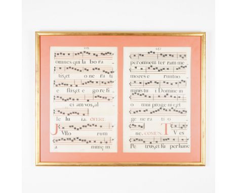 Pair of illuminated antiphonal manuscript pages from an early 19th-century Gregorian chant choir book, presented side by side