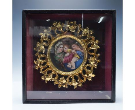 Exquisite hand-painted porcelain plaque depicting Madonna and Child with Saint John, encased in a decorative shadow box frame