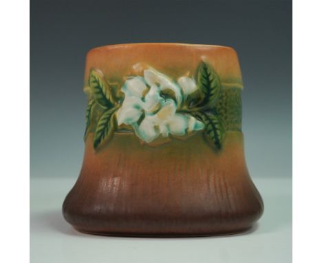 Vintage Roseville Pottery vase in the Gardenia pattern, shape number 656-3, finished in the warm tan colorway. This square-bo