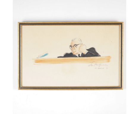 Original 1971 courtroom sketch in watercolor by renowned NBC News artist Leo Hershfield, depicting Judge Kennedy presiding ov