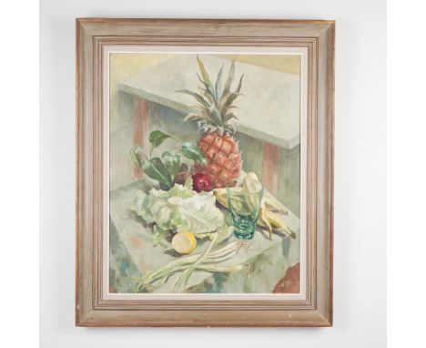 This mid-century vibrant and meticulously rendered still life oil on canvas painting features a striking arrangement of fruit
