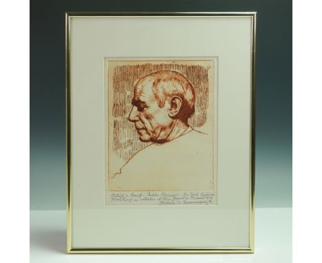 Artist's proof etching on paper by Vuk Vuchinich depicting Pablo Picasso in profile. This detailed and expressive portrait ca
