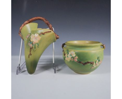 Two-piece set of Roseville Pottery in the Apple Blossom pattern, finished in the signature green glaze with pink and white fl