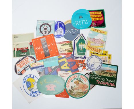 An exceptional collection of approximately 95 pieces of vintage travel ephemera featuring hotel luggage stickers, promotional