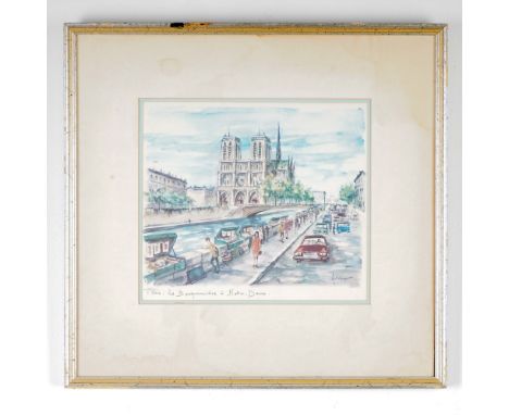Framed watercolor painting depicting a charming street scene along the Seine River in Paris, titled Paris, les Bouquinistes a