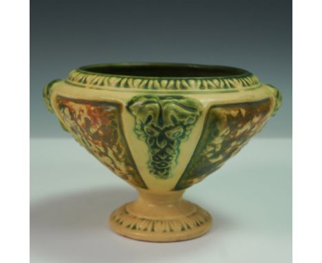 Roseville Pottery earthenware footed compote in the Florentine pattern, showcasing rich matte glazes in ochre, green, and bro
