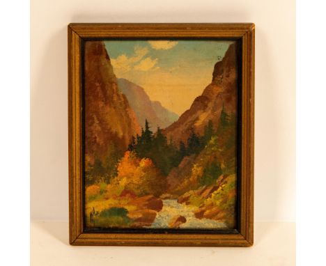 Boulder Canyon is an original miniature oil on board painted with warm autumn colors by American West desert and mountain lan