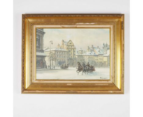 A spirited winter cityscape by Polish artist Wladyslaw T. Chmielinski, titled Town in Winter, rendered in oil on canvas. This