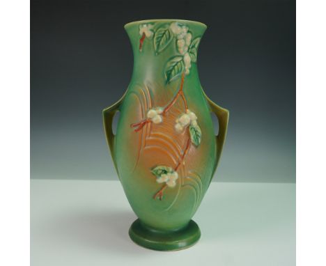 A striking Roseville Pottery Snowberry vase, model 1VH-12, in the highly sought-after green glaze. Produced in 1947, the Snow