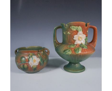This two-piece Roseville pottery set includes a footed double-handled vase marked 146-6 and a jardiniere bowl marked 653-3, b