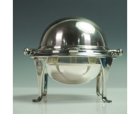A classic Electro Plated Nickel Silver revolving butter dish featuring a dome lid, three curved legs, and a fitted starburst 