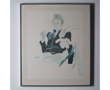 This striking lithograph on paper by David Hockney entitled Celia In A Black Dress With White Flowers is part of a poster pul