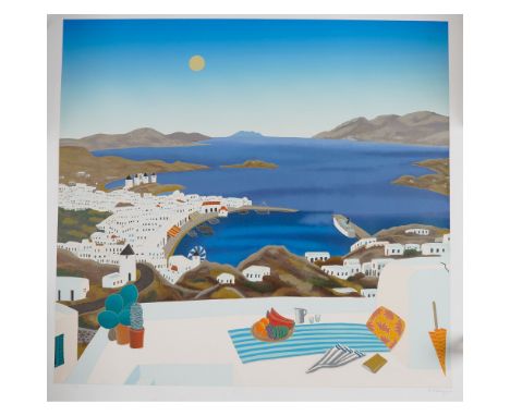 This stunning color serigraph by celebrated American artist Thomas McKnight captures the idyllic beauty of the Greek island o