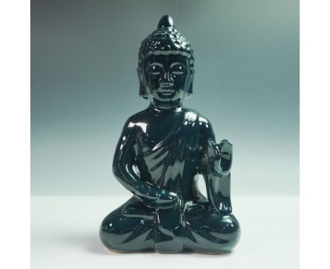 A striking glossy ceramic Buddha statue featuring a serene meditative pose. This beautifully crafted figure is adorned with f