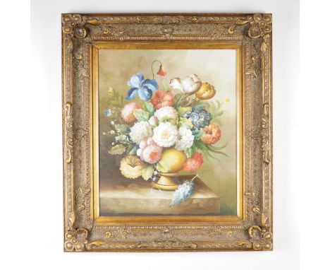 This finely detailed 19th-century style still-life painting on canvas features a lush and vibrant bouquet of flowers set in a
