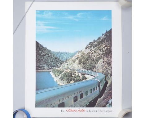 Original 1950 promotional poster in mint condition featuring a stunning full-color photograph of the California Zephyr train 