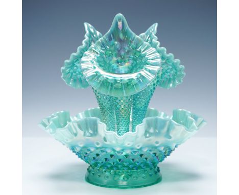 This exquisite Fenton glass epergne features a striking blue opalescent hobnail pattern, a hallmark of the brand's craftsmans