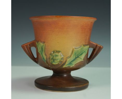 A classic example of American art pottery, this Roseville Pottery vase is from the Thornapple pattern, shape number 809-5. Cr