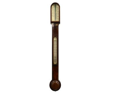 An early Victorian mahogany stick barometer, circa 1840, William Lowe, Islington, flame veneered with bone key, 92cm high