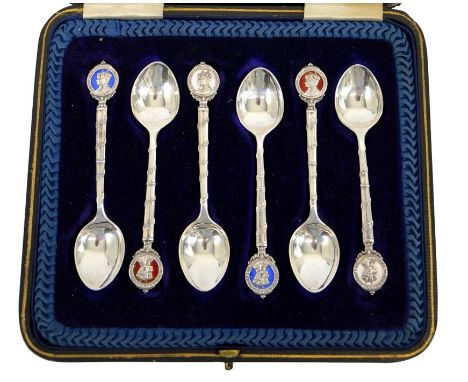 A boxed set of six George VI commemorative silver and enamelled teaspoons, Coronation 1937, each with a blue, white or red en