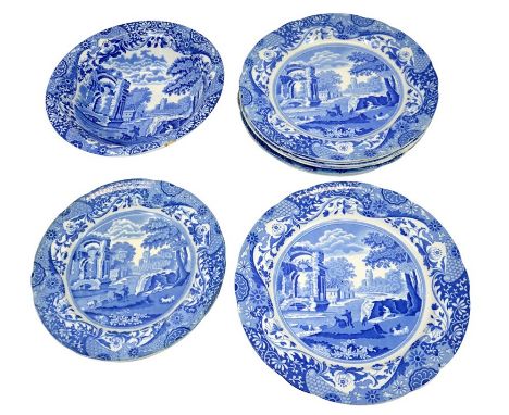 Copeland Spode Italian blue and white dinner ware, including seven transfer printed dinner plates, a side plate and a bowl. 2