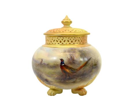 James Stinton for Royal Worcester, a blush ivory potpourri vase and cover, painted with pheasants, 1905, squat melon form wit